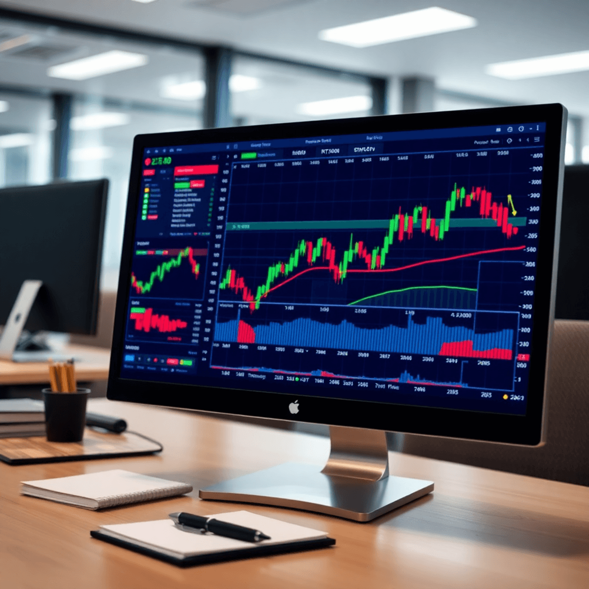 A computer screen showing trading charts and graphs in a modern office, with highlighted indicators, a notepad, and pen for strategy planning in a ...