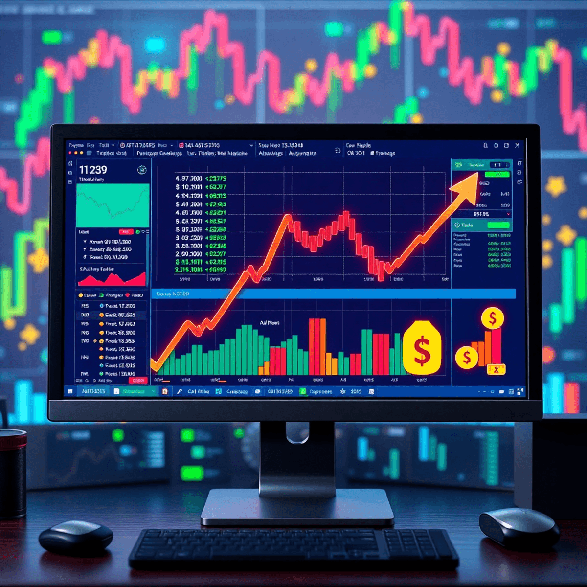 A computer screen shows advanced trading charts and automation scripts, surrounded by financial symbols like arrows and currency icons, set against...