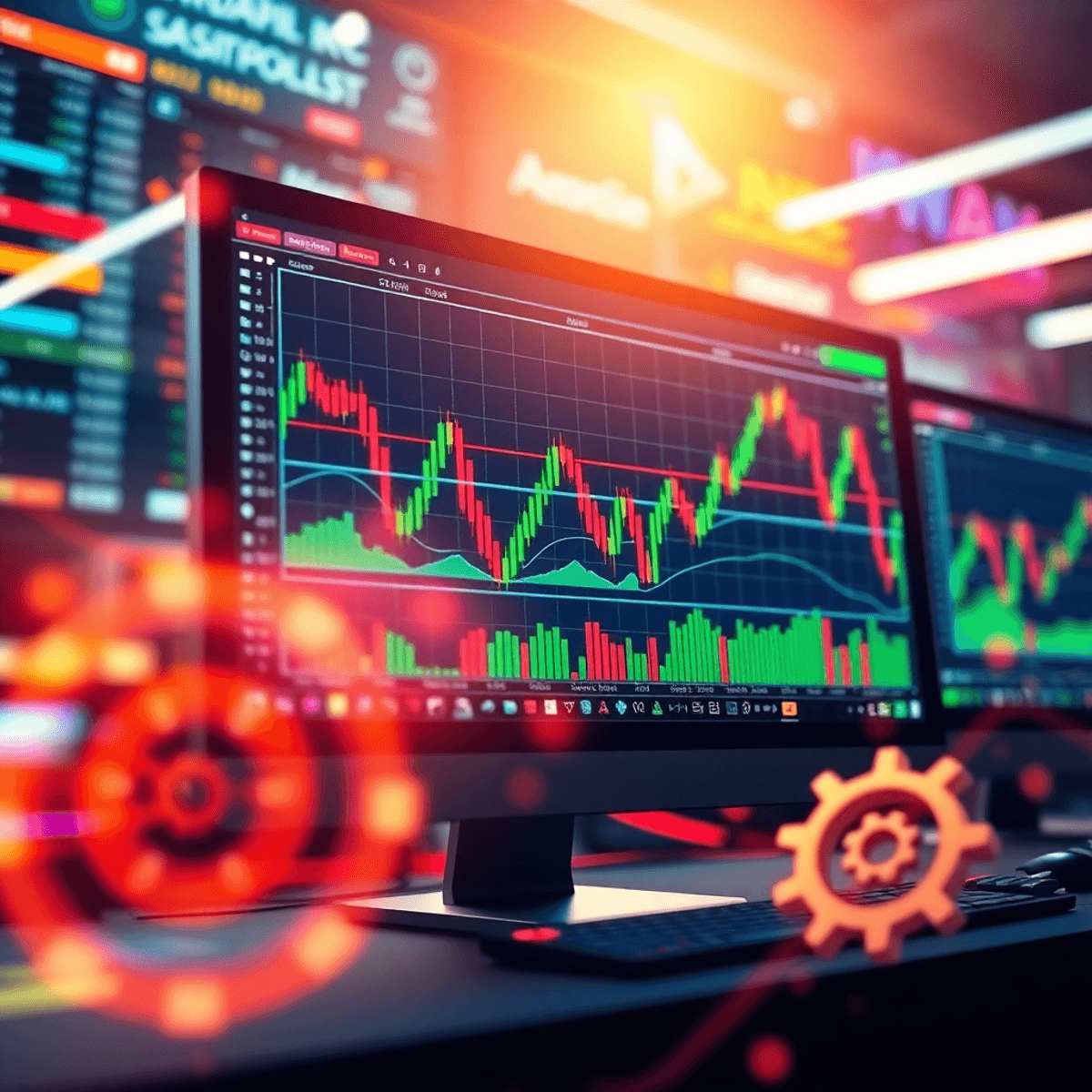 A computer screen shows colorful trading charts with candlestick patterns and indicators, surrounded by subtle robotic elements, conveying a fast-p...