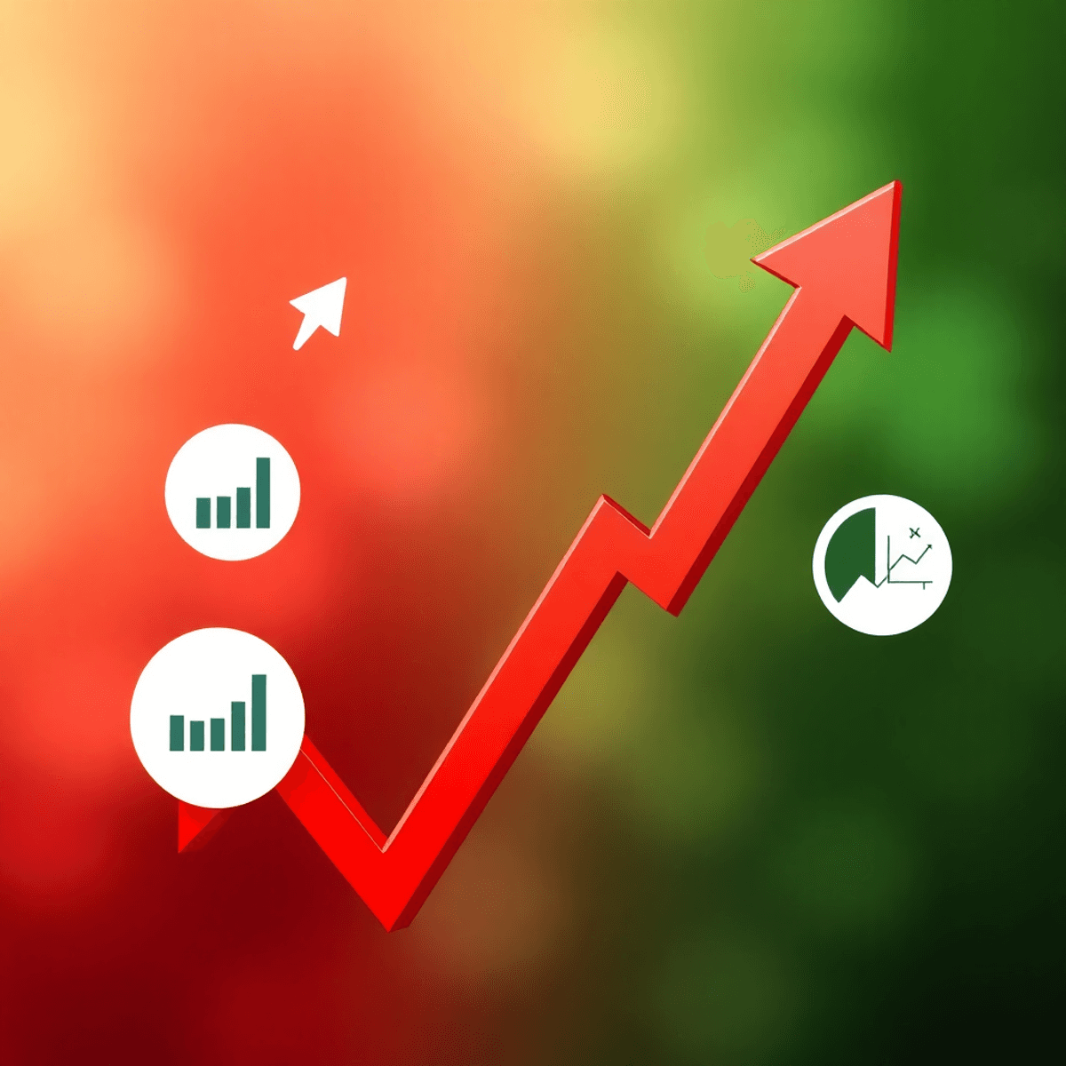 A dynamic graph showing bullish and bearish trends with arrows, candlestick charts, and technical indicators on a green and red background.