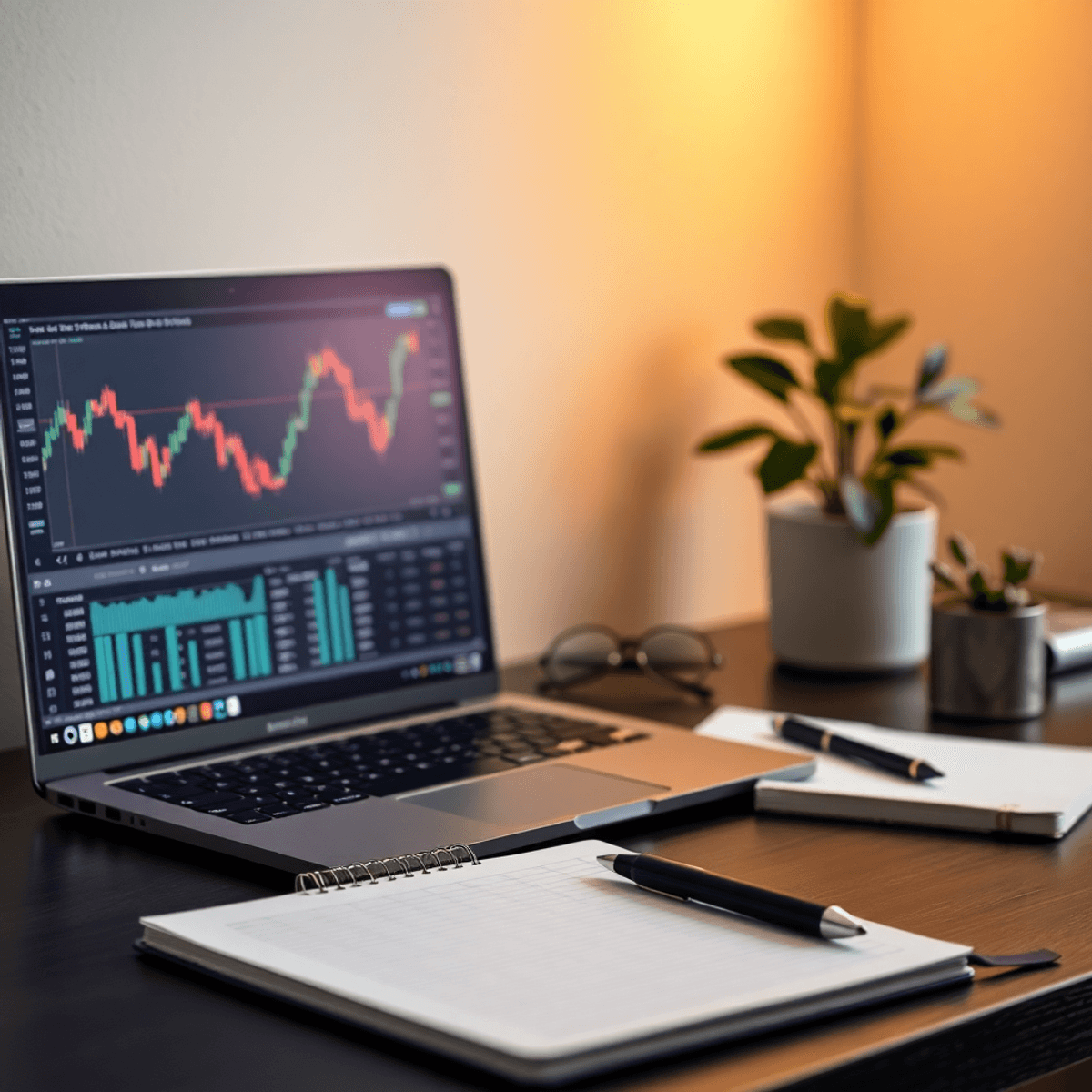 A serene workspace with a laptop displaying trading charts, a notebook and pen, and a growing plant, all under soft lighting, evoking discipline an...