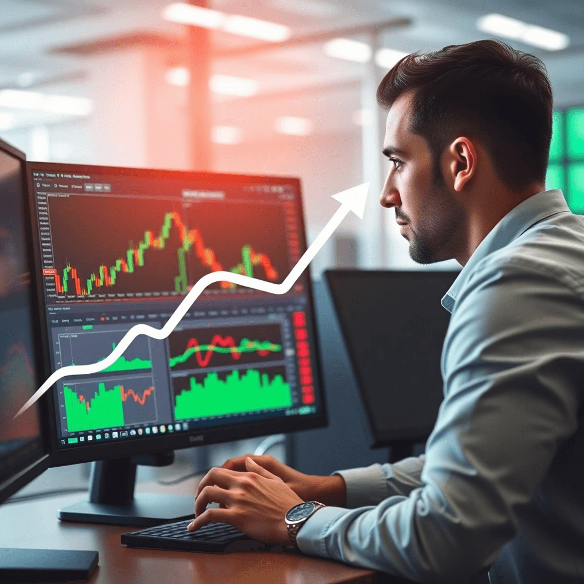 A trader intently analyzes market charts on a computer, surrounded by modern trading elements like candlestick charts and upward trend arrows, symb...