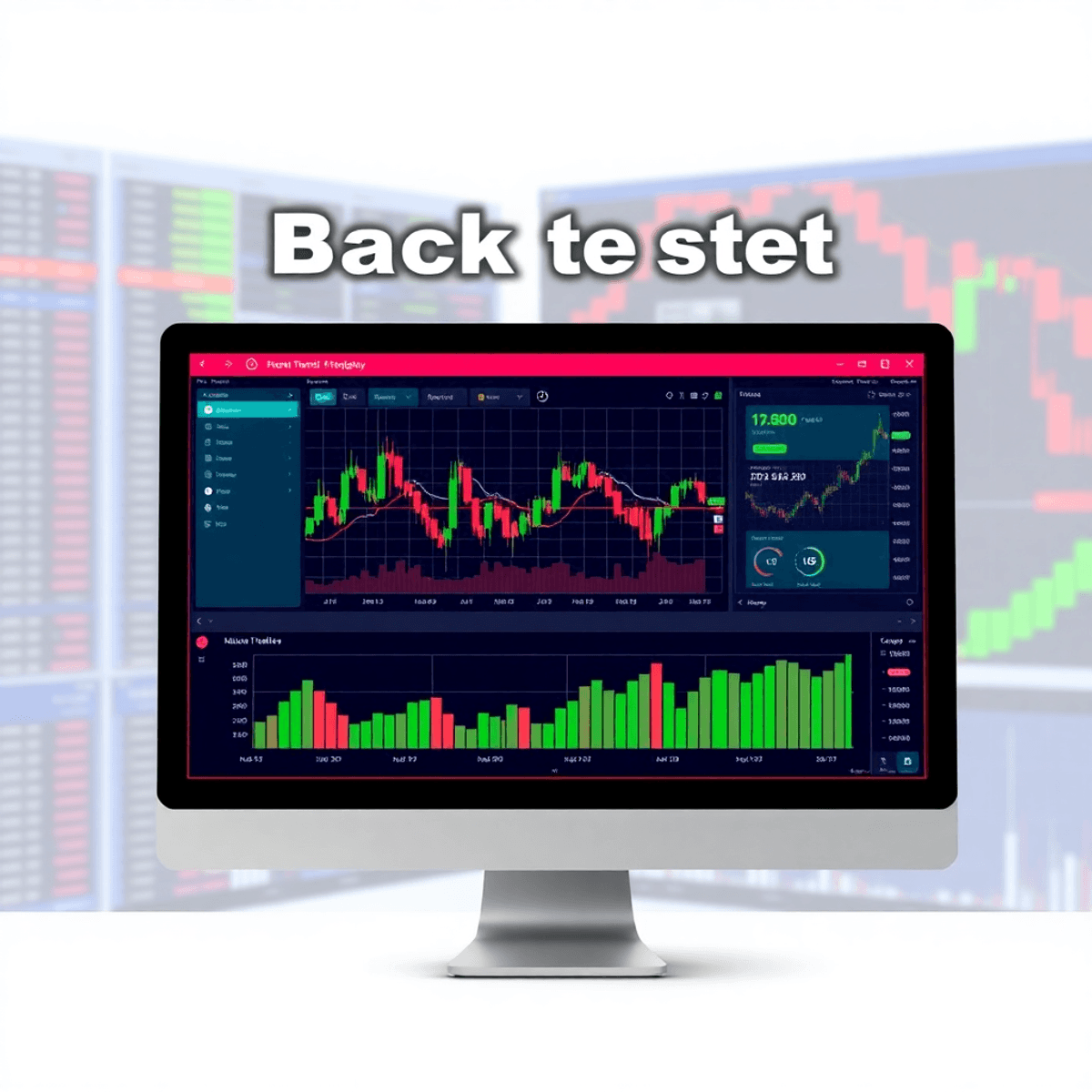 A computer screen displays TradingView's interface with colorful charts and graphs, surrounded by historical market data and trading indicators, co...