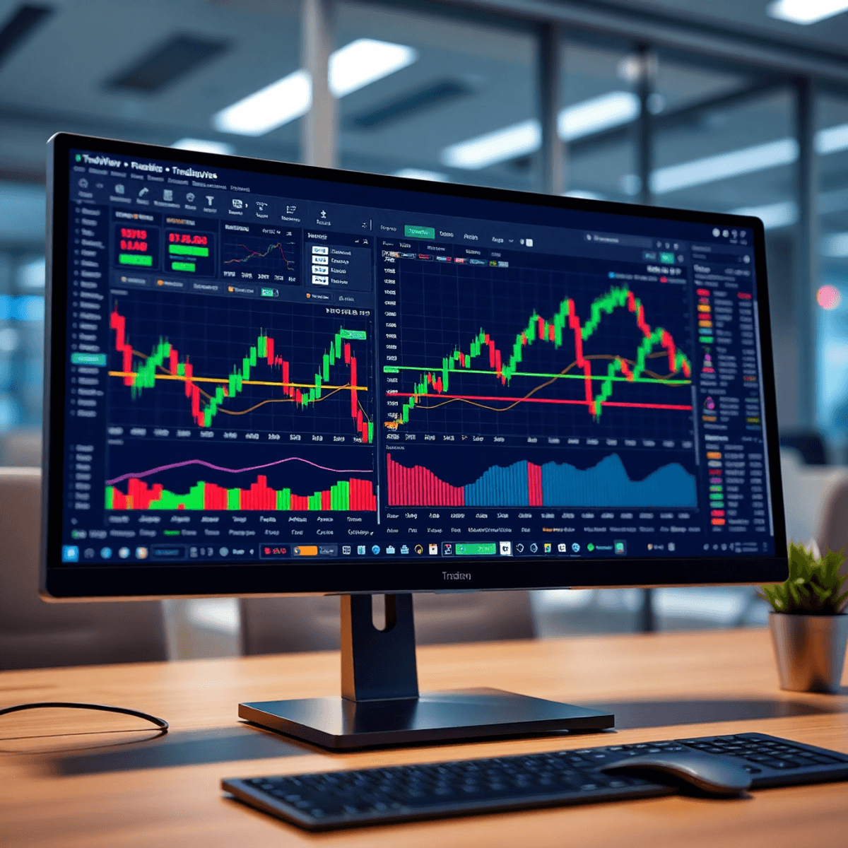 A computer screen in a modern office displays colorful TradingView charts with candlestick patterns, trend lines, and market analysis tools.