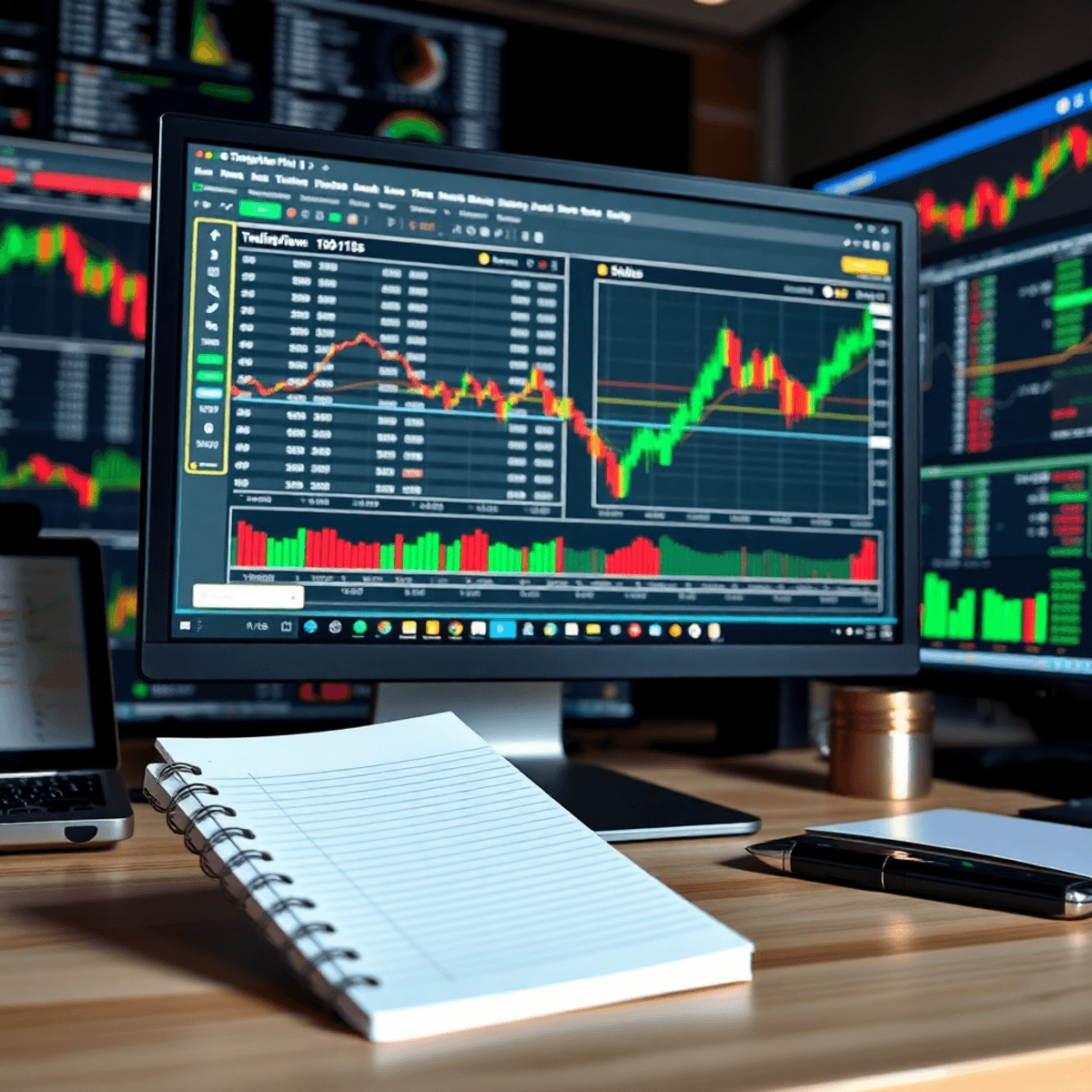 A computer screen shows TradingView charts and backtesting data, with financial graphs and a notepad in a professional trading environment, highlig...