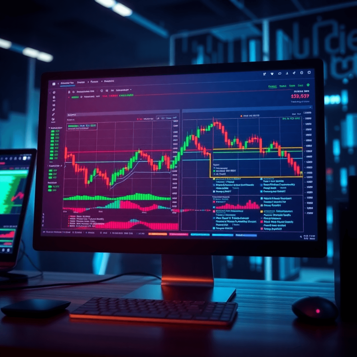 A computer screen shows vibrant TradingView charts with colorful indicators and Pine Script code, set against a modern, tech-inspired background.
