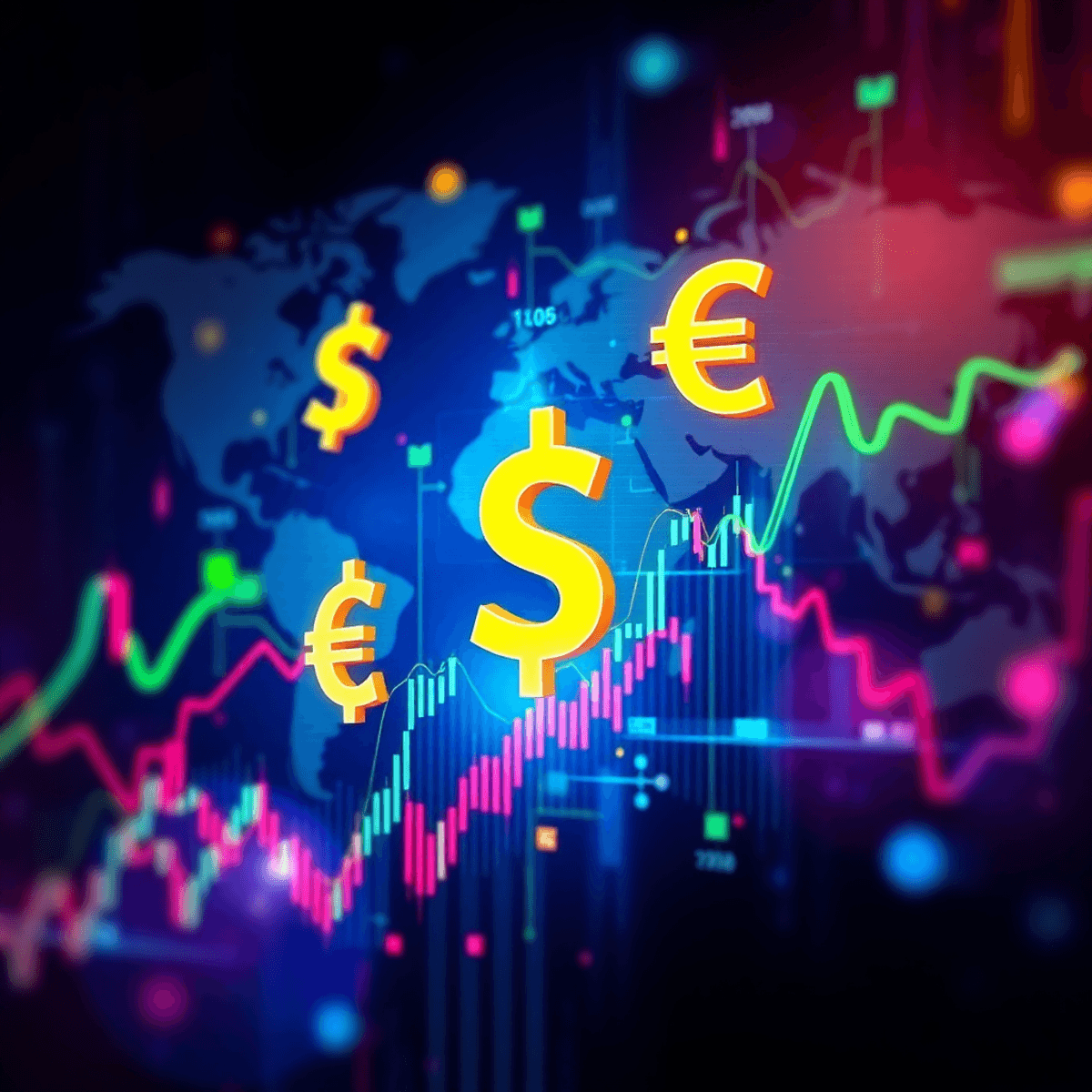 A digital illustration of the Forex market with currency symbols, abstract graphs, and a world map backdrop, showcasing modern colors and dynamic t...