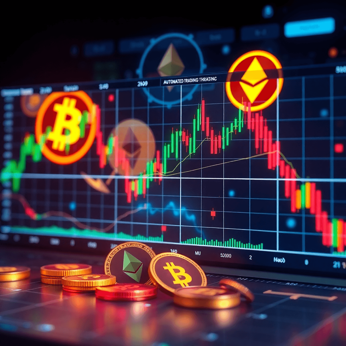 A digital trading interface showcasing cryptocurrency charts and graphs, with flowing lines representing automated trading algorithms and symbols o...