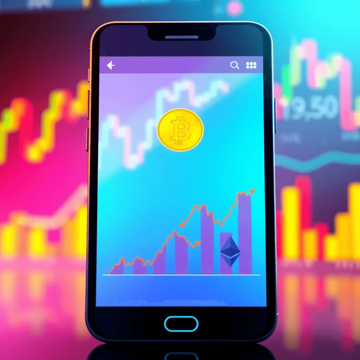 A smartphone shows cryptocurrency trading signals with vibrant charts and graphs in the background, featuring Bitcoin and Ethereum symbols in brigh...