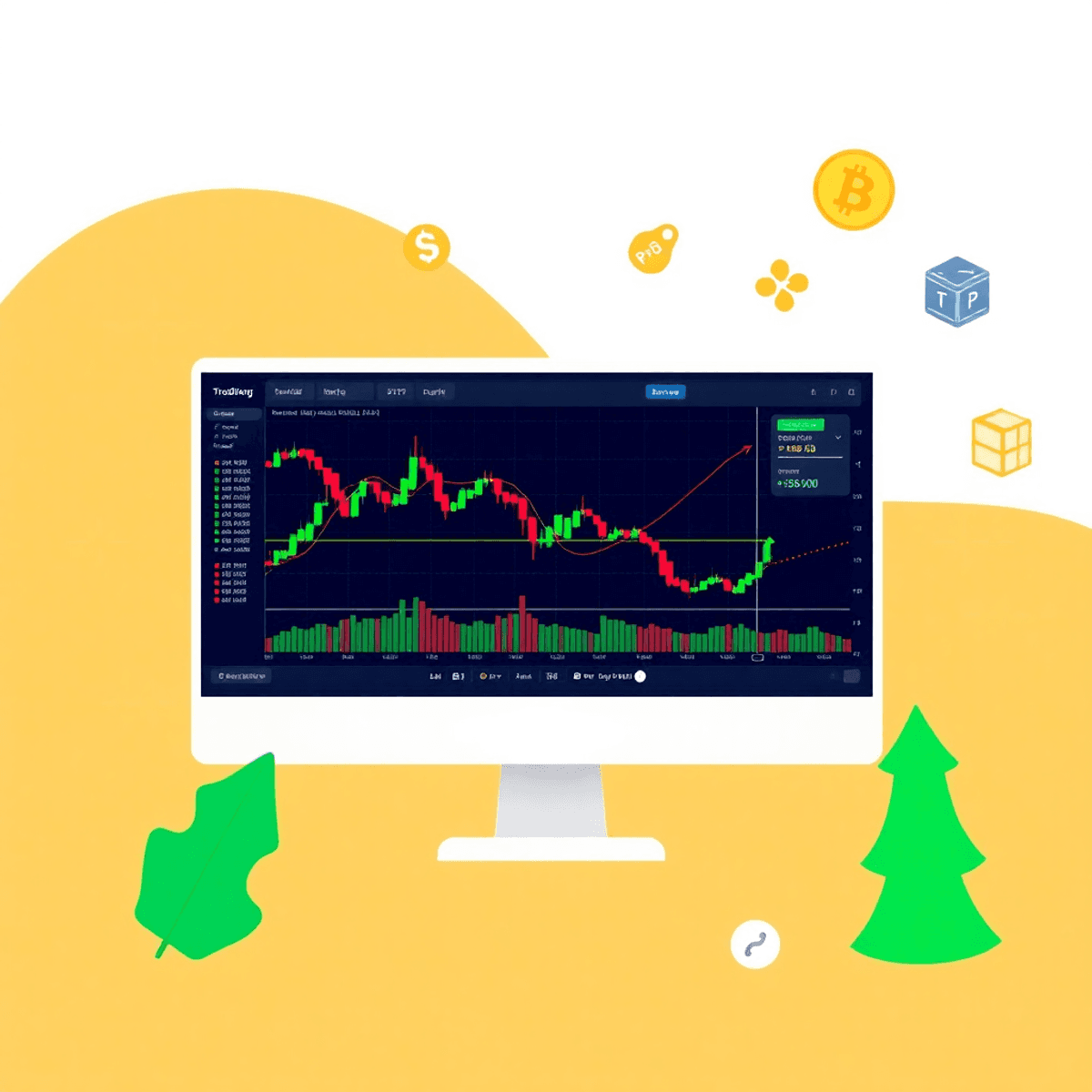 A modern digital illustration of a computer screen showing a trading chart with colorful indicators, surrounded by coding elements and Pine Script ...