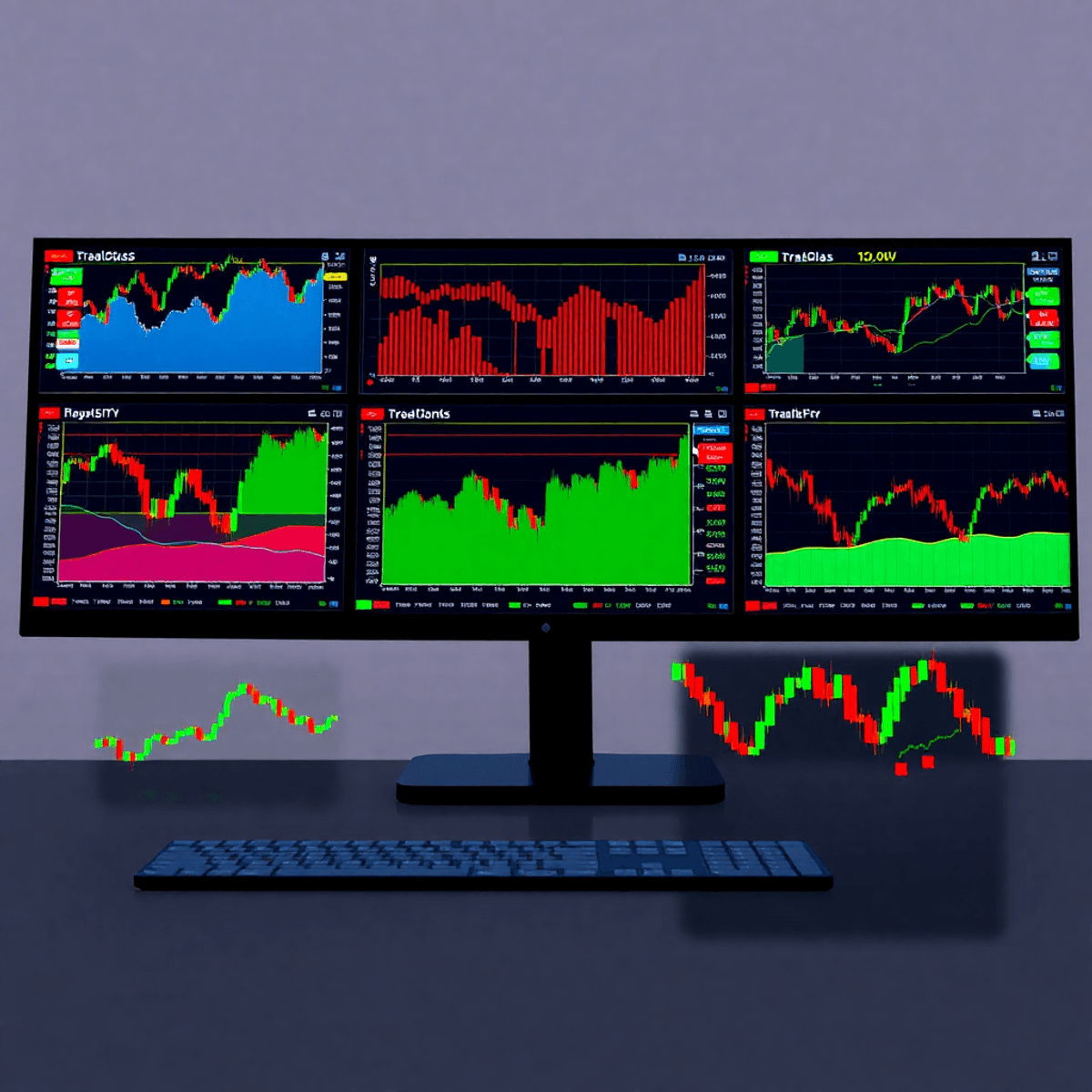 A modern digital trading dashboard with colorful stock charts and technical indicators on multiple screens, showcasing advanced market analysis.