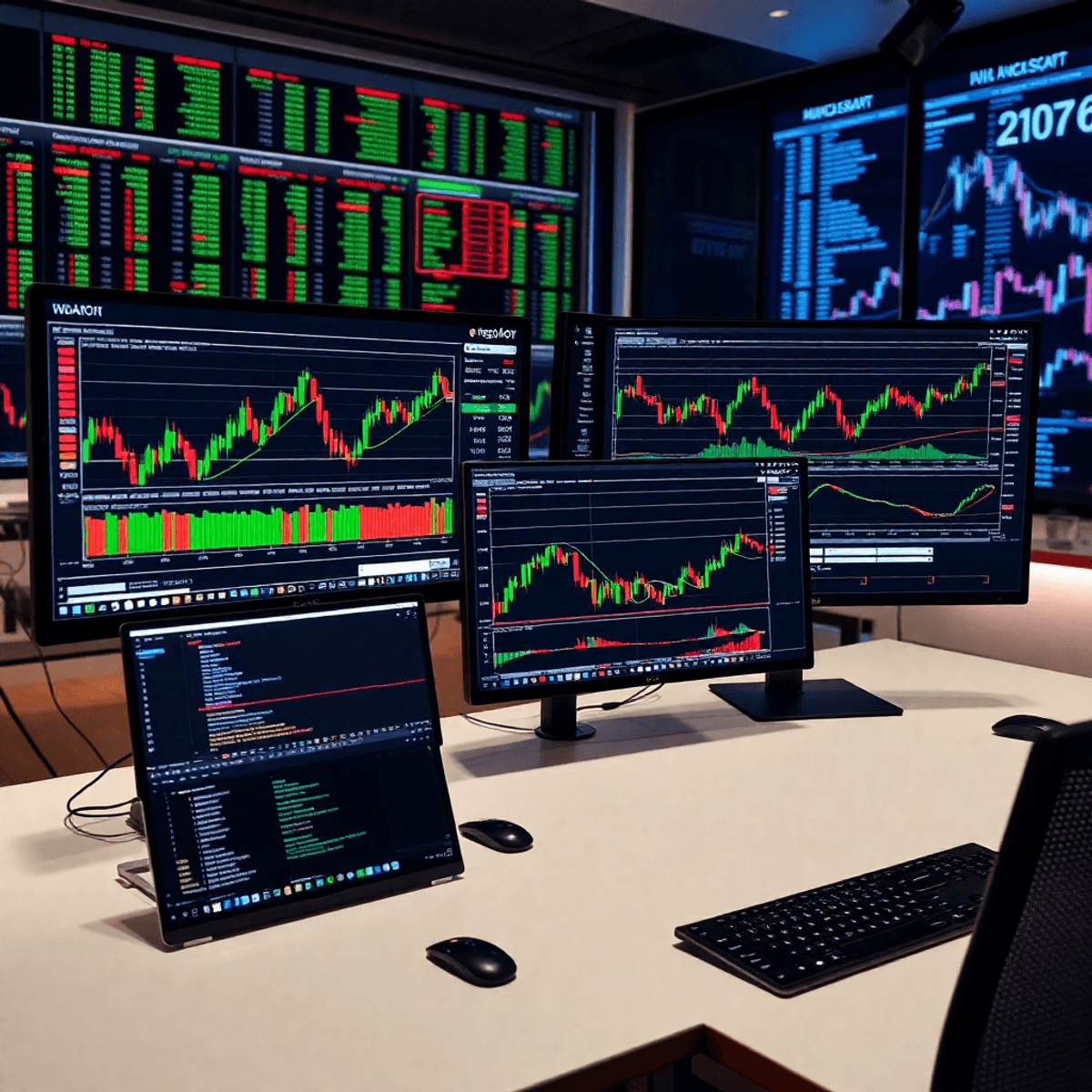 A modern trading desk with multiple monitors showing stock charts, candlestick patterns, Pine Script code, and financial data visualizations in a s...