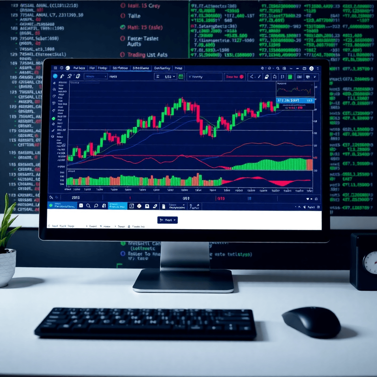 A modern workspace with a computer screen showing colorful trading charts and technical indicators, with coding elements subtly in the background.