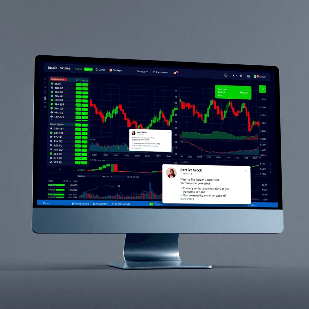 A sleek computer screen showing a modern digital trading dashboard with colorful stock charts and alert notifications in a realistic style.