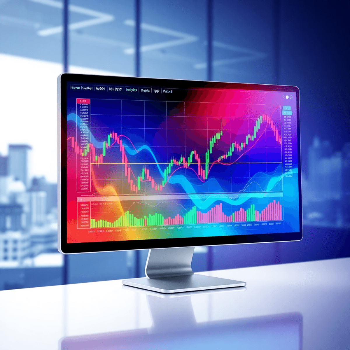 Digital illustration of a computer screen showing colorful financial charts and custom trading indicators with abstract lines on a sleek modern bac...