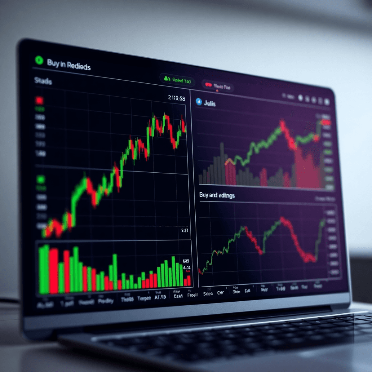 Digital trading dashboard with candlestick charts, buy/sell signals, and upward trending graphs, showcasing advanced algorithmic trading tools.