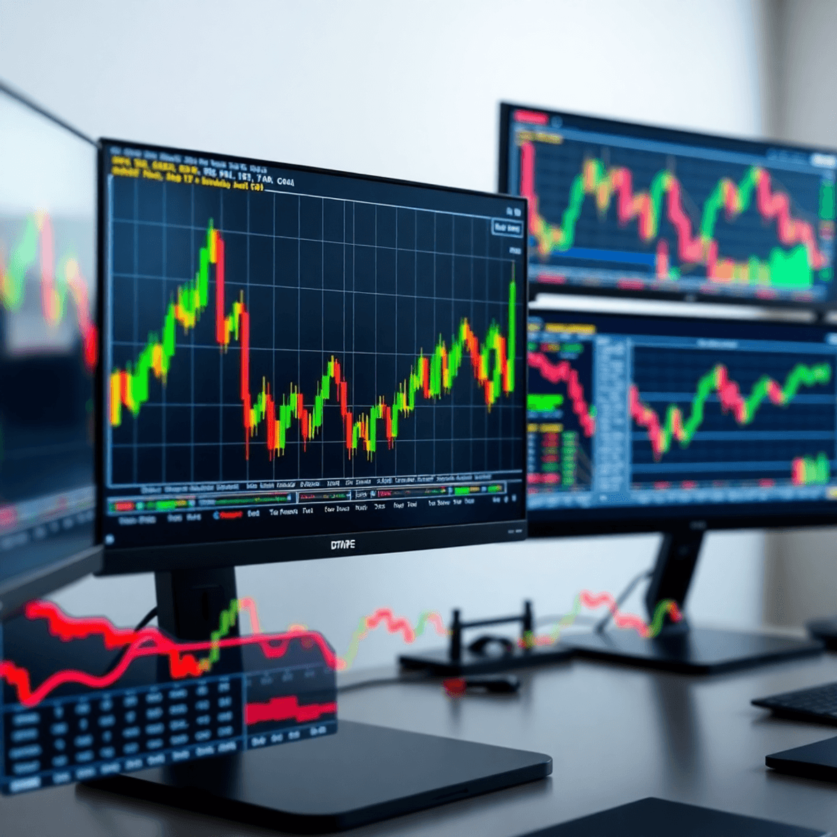 Digital trading interface with candlestick charts and colorful technical indicators on multiple screens showing real-time market analysis.