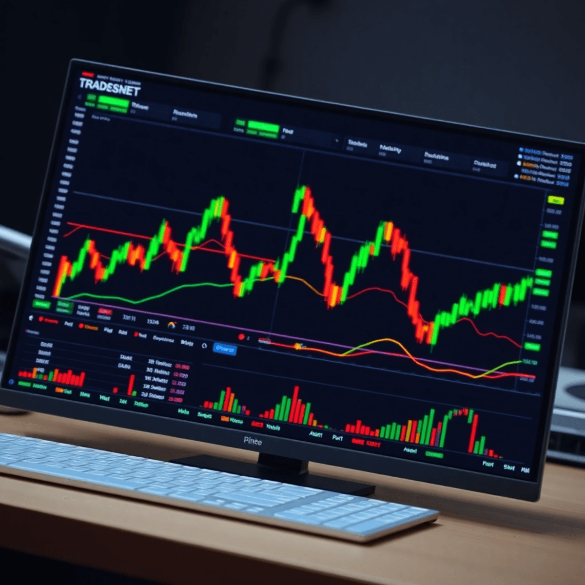 Digital trading screen with colorful stock charts, technical indicators, Pine Script coding elements, and market analysis tools in a sleek, modern ...