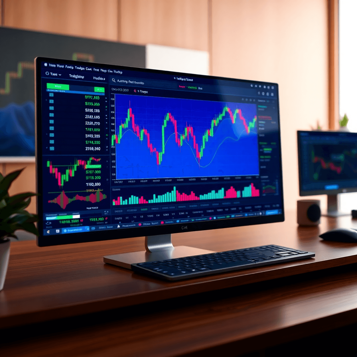 Digital trading screen with colorful stock charts, technical indicators, and dynamic data visuals on a sleek modern interface.