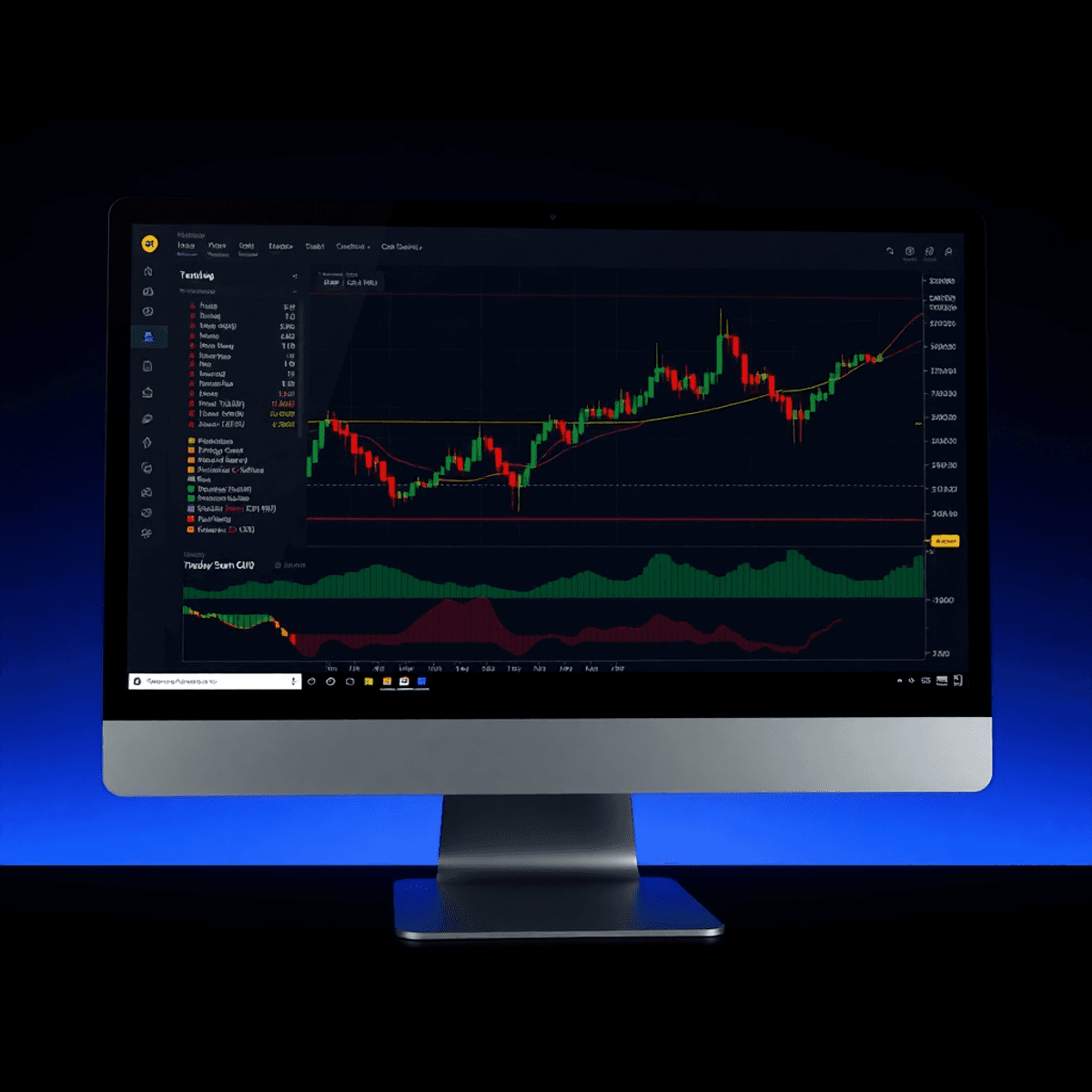 Modern computer screen showing candlestick charts, Pine Script code, and TradingView indicators on a dark background, highlighting advanced trading...