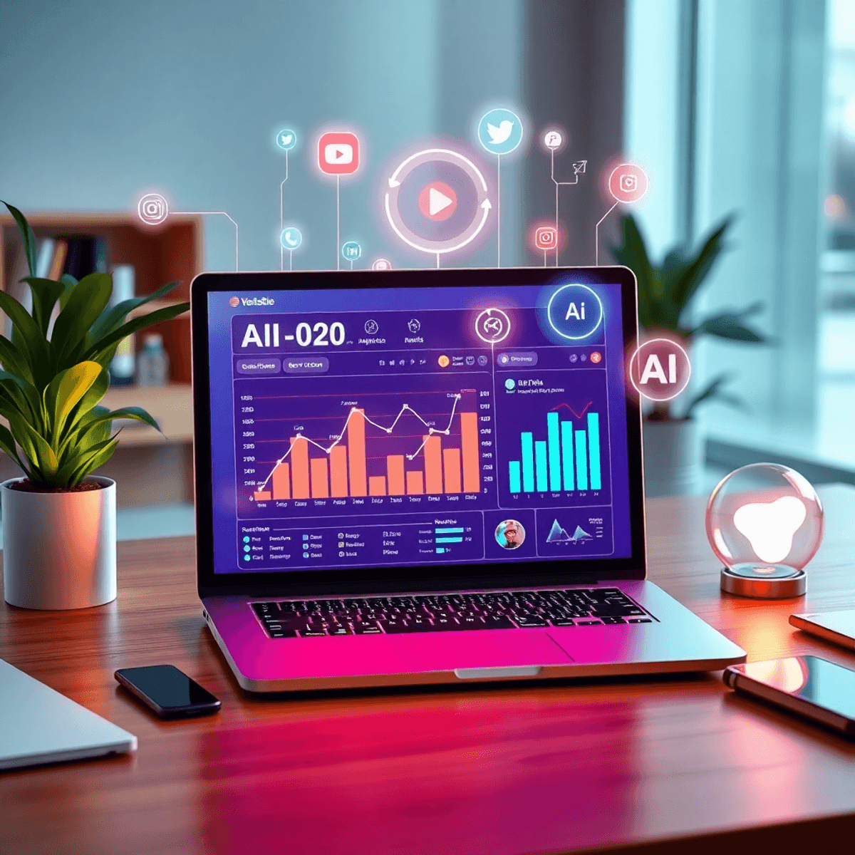 A modern workspace with a laptop showing AI analytics and social media icons, surrounded by vibrant holographic elements representing AI and strate...