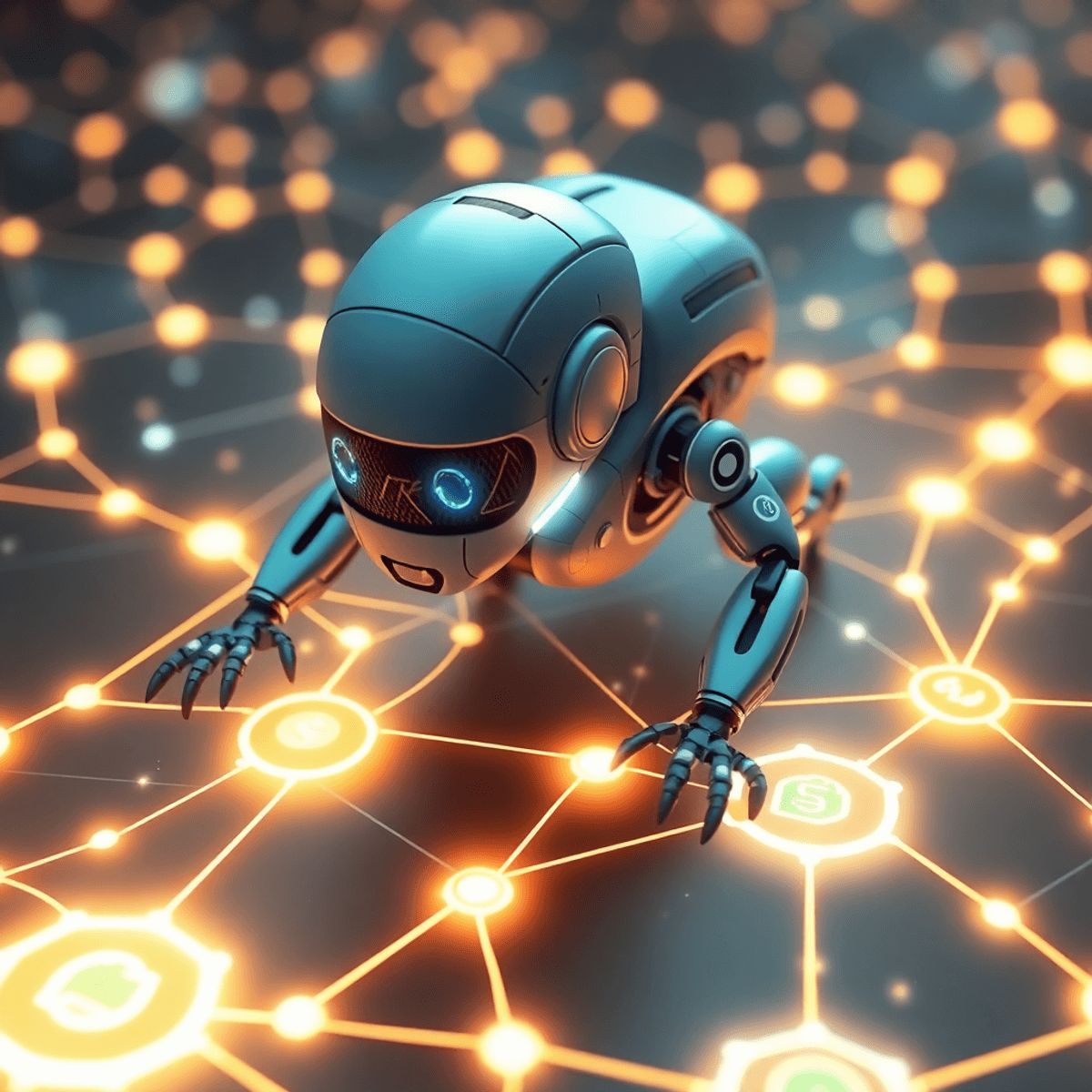 A realistic digital illustration of a futuristic robot crawling over a glowing web of interconnected websites and data nodes.
