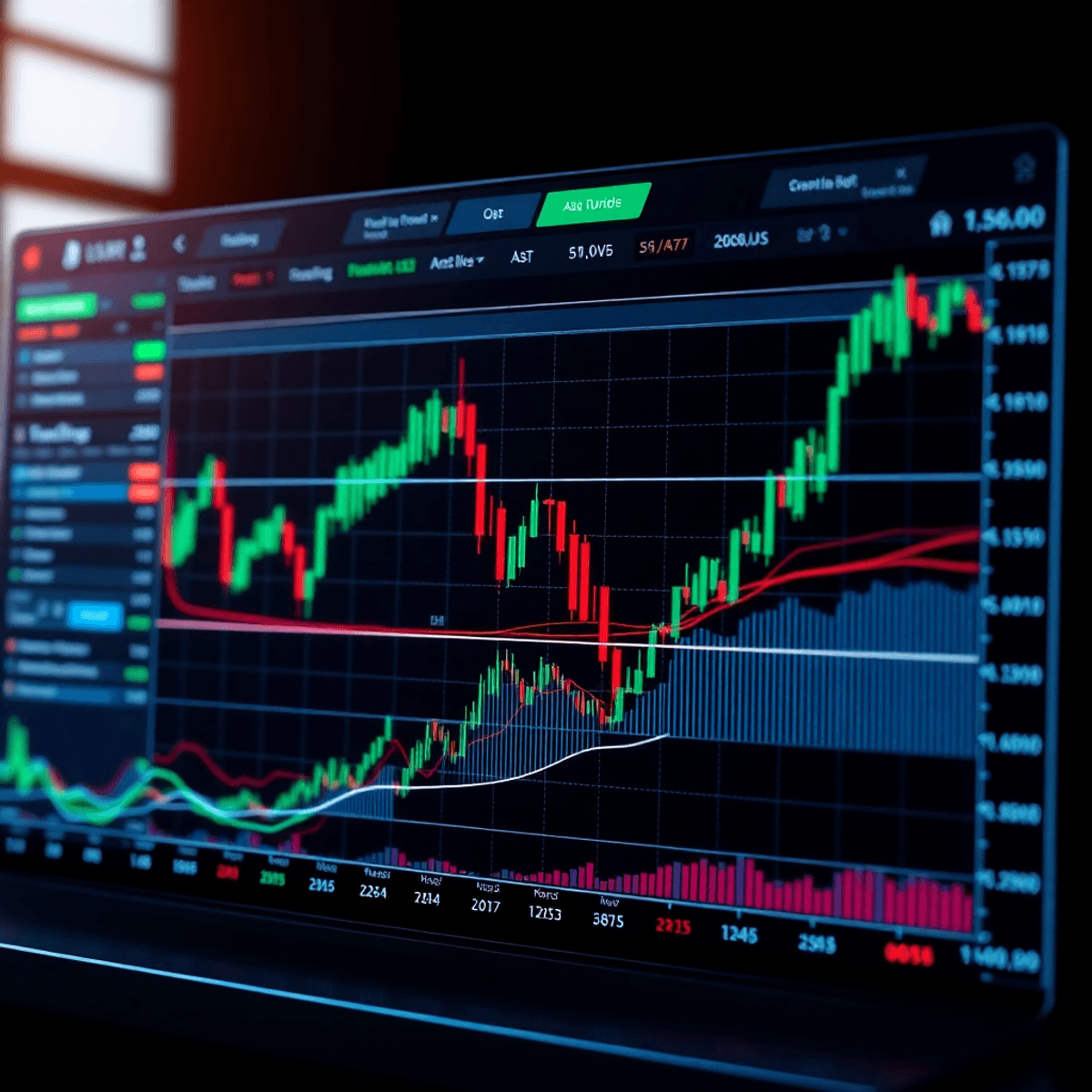 A sleek digital trading interface with dynamic market charts, trend lines, and futuristic AI elements analyzing real-time data.