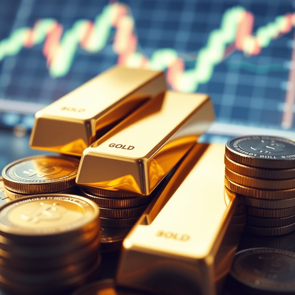Close-up of shiny gold bars and coins stacked with financial charts and candlestick patterns in the background, symbolizing gold trading and market...