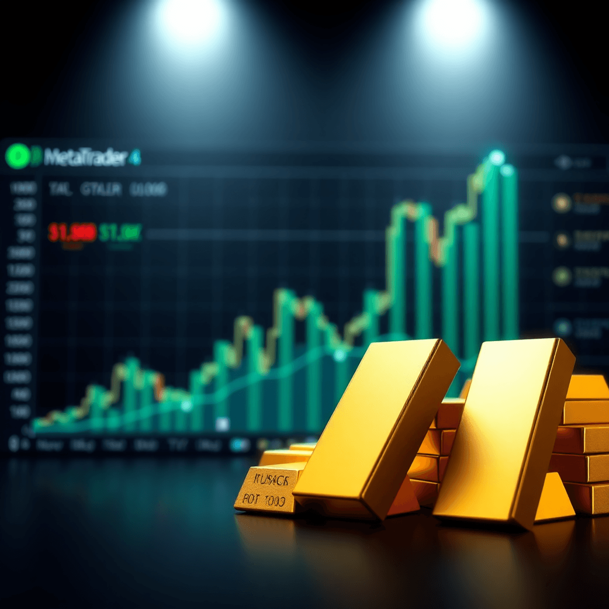 Digital gold bars and upward trading chart on a dark background with MetaTrader 4 elements and glowing indicators, symbolizing automated trading te...