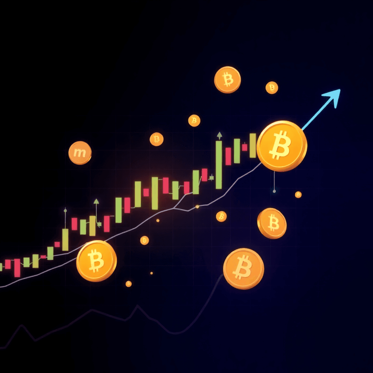 Digital illustration of a cryptocurrency trading chart with candlesticks, upward graphs, and Bitcoin and altcoin icons on a dark background.