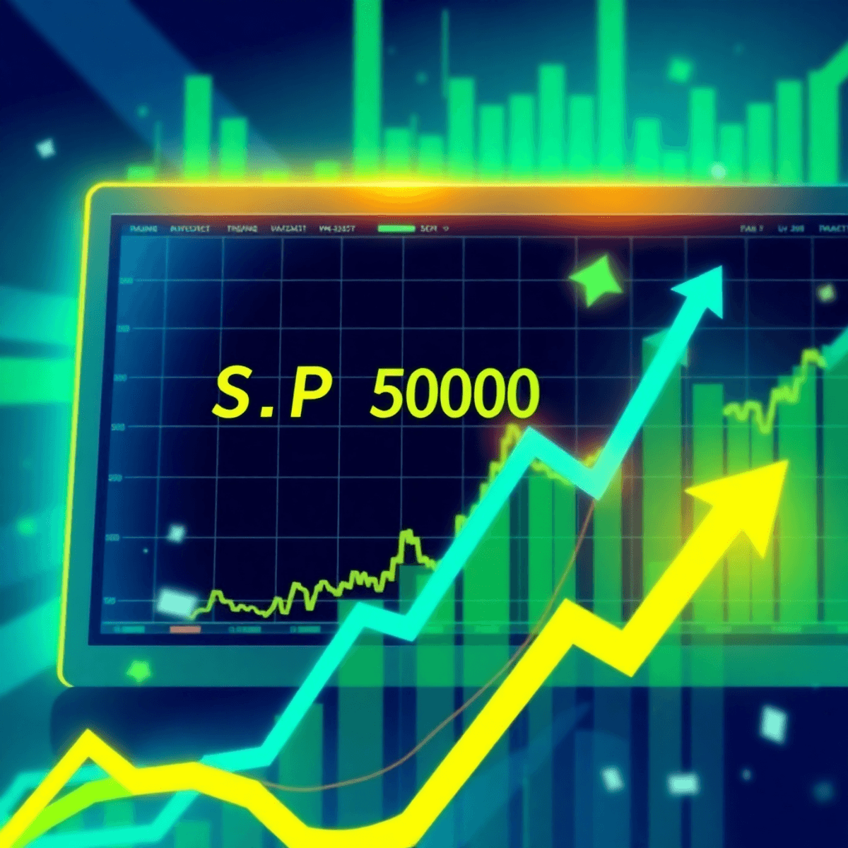 Digital illustration of an S&P 500 trading screen showing upward trends with green and blue colors, abstract arrows, and graphs depicting market ac...