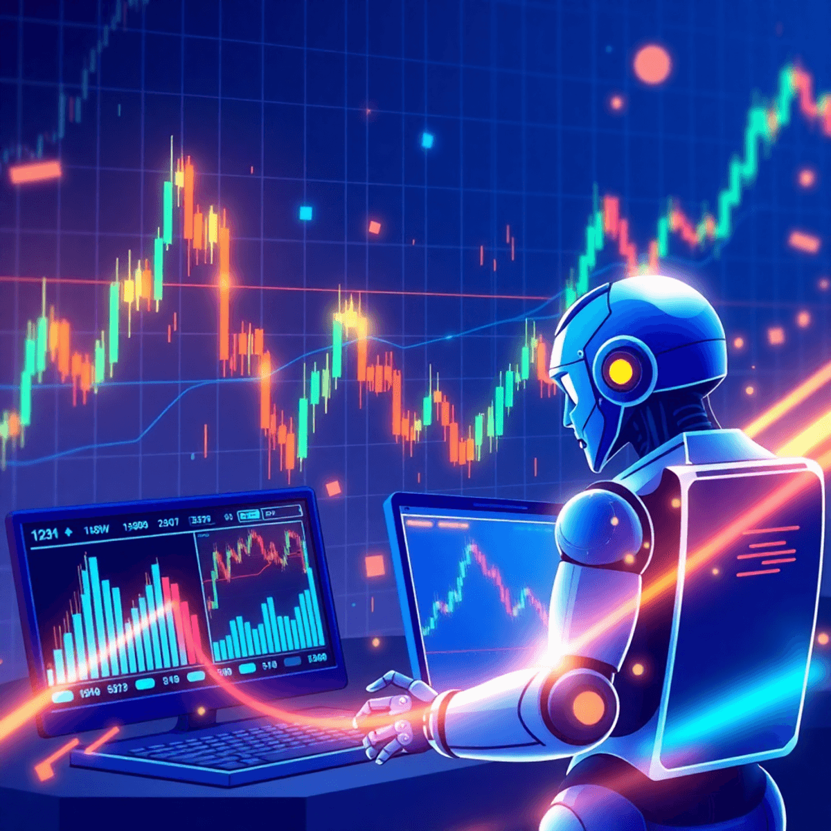 Digital illustration of glowing candlestick charts and trading bots analyzing data on multiple screens, representing fast-paced cryptocurrency mark...