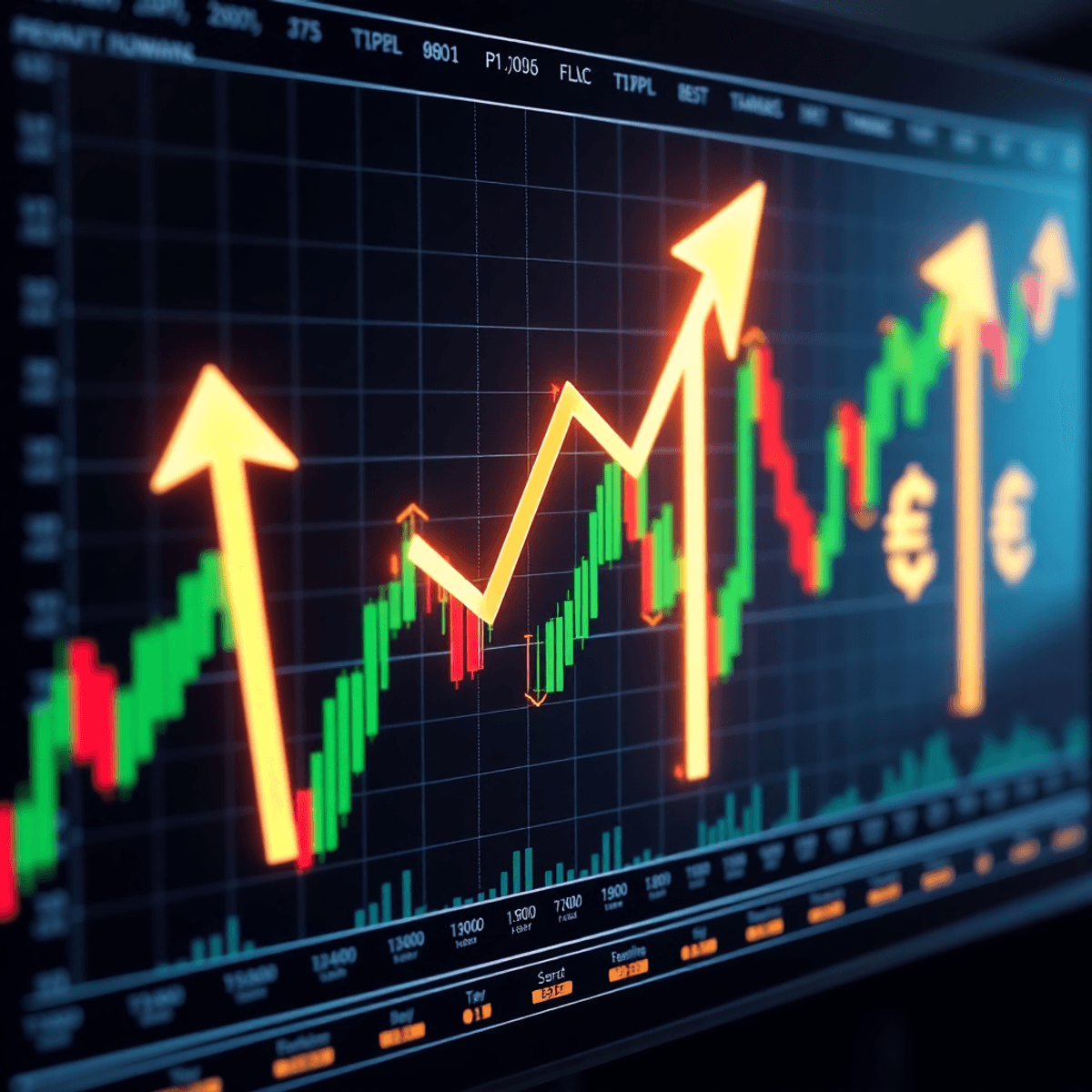 Digital interface showing dynamic forex charts with upward arrows and glowing currency symbols, representing automated trading and momentum analysis.