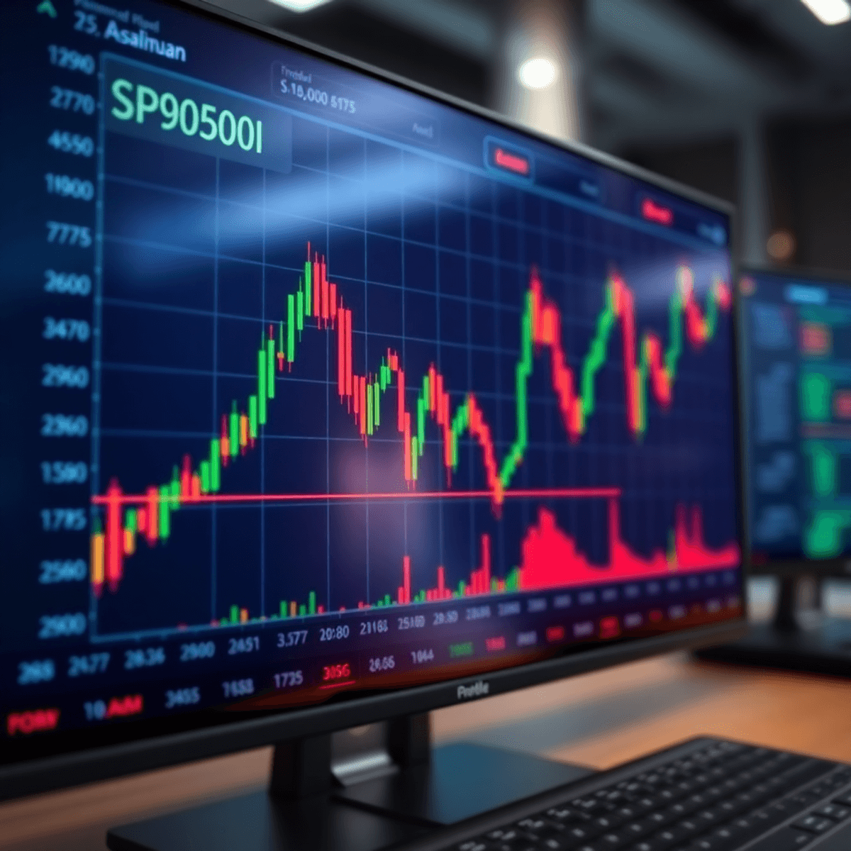 Digital interface showing real-time stock market charts with dynamic candlestick patterns and glowing automated trading signals on the S&P 500 index.