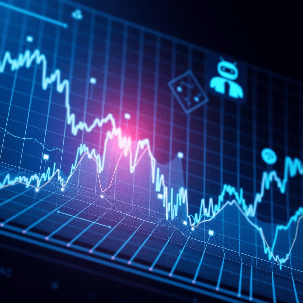 Digital interface showing upward financial charts, futuristic grids, and trading bot icons representing advanced automated trading technology.