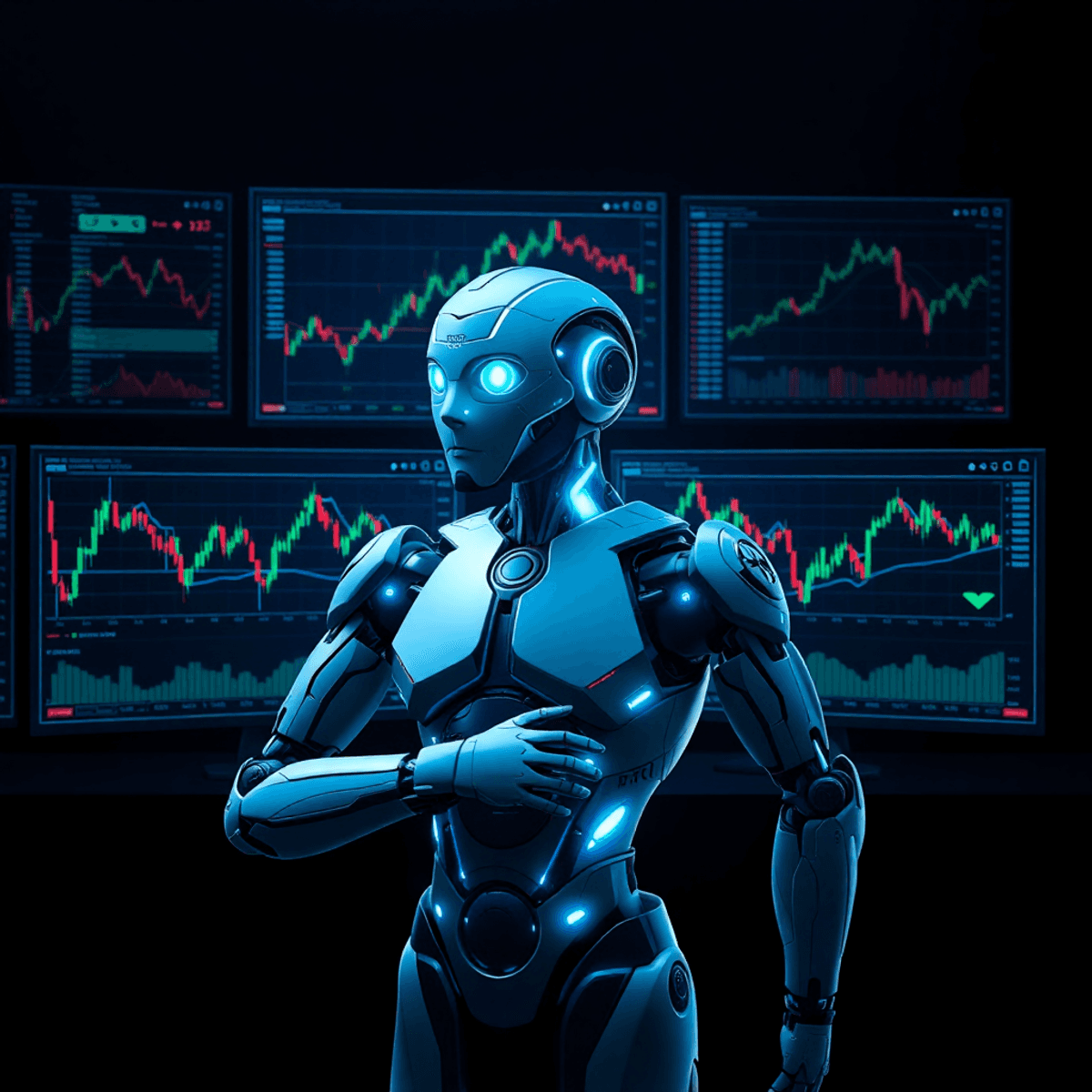 Digital interface with dynamic stock charts, technical indicators, and a futuristic trading bot on multiple screens against a dark background with ...