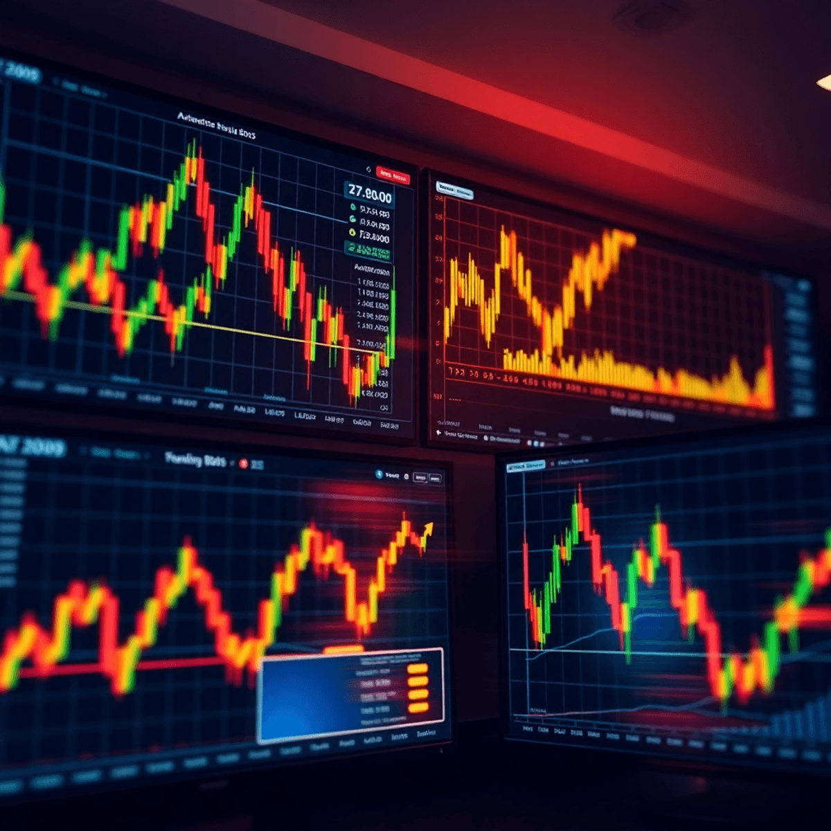 Digital interface with fast-moving cryptocurrency charts, glowing candlesticks, and automated trading algorithms on multiple screens in a modern tr...
