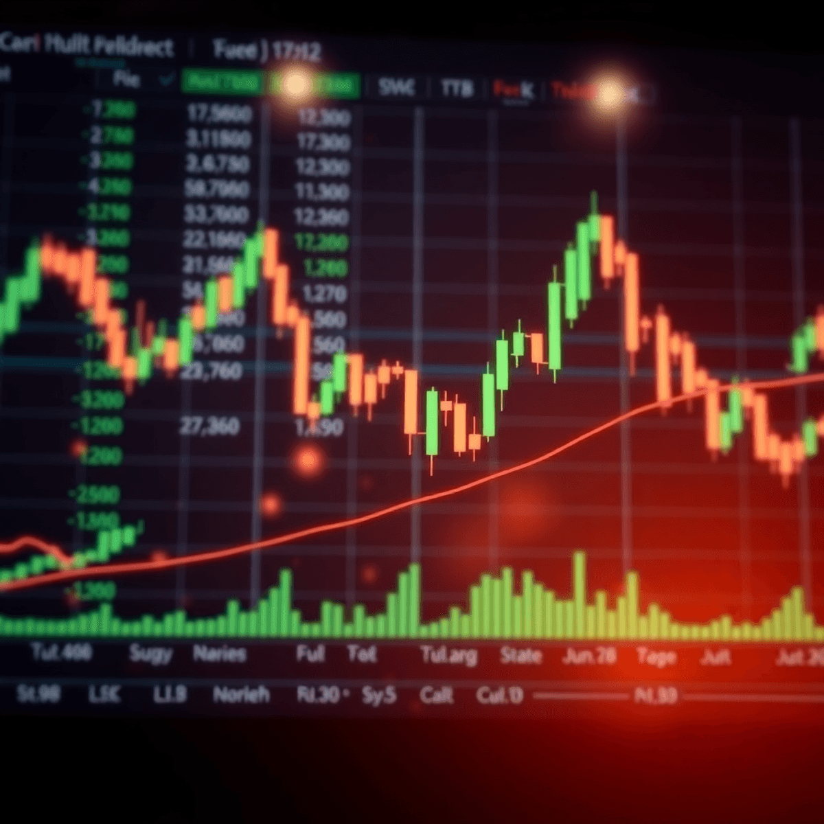 Financial chart displaying candlestick patterns and rising trend lines on a modern digital trading interface, highlighting a forex breakout and mar...