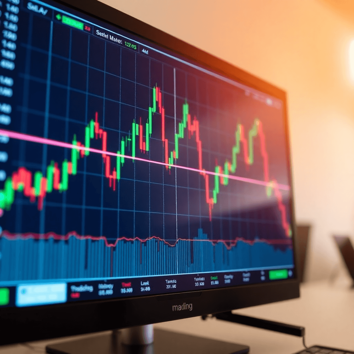 Forex trading chart on a digital screen showing candlestick patterns, trend lines, and market fluctuations symbolizing momentum and strategy.