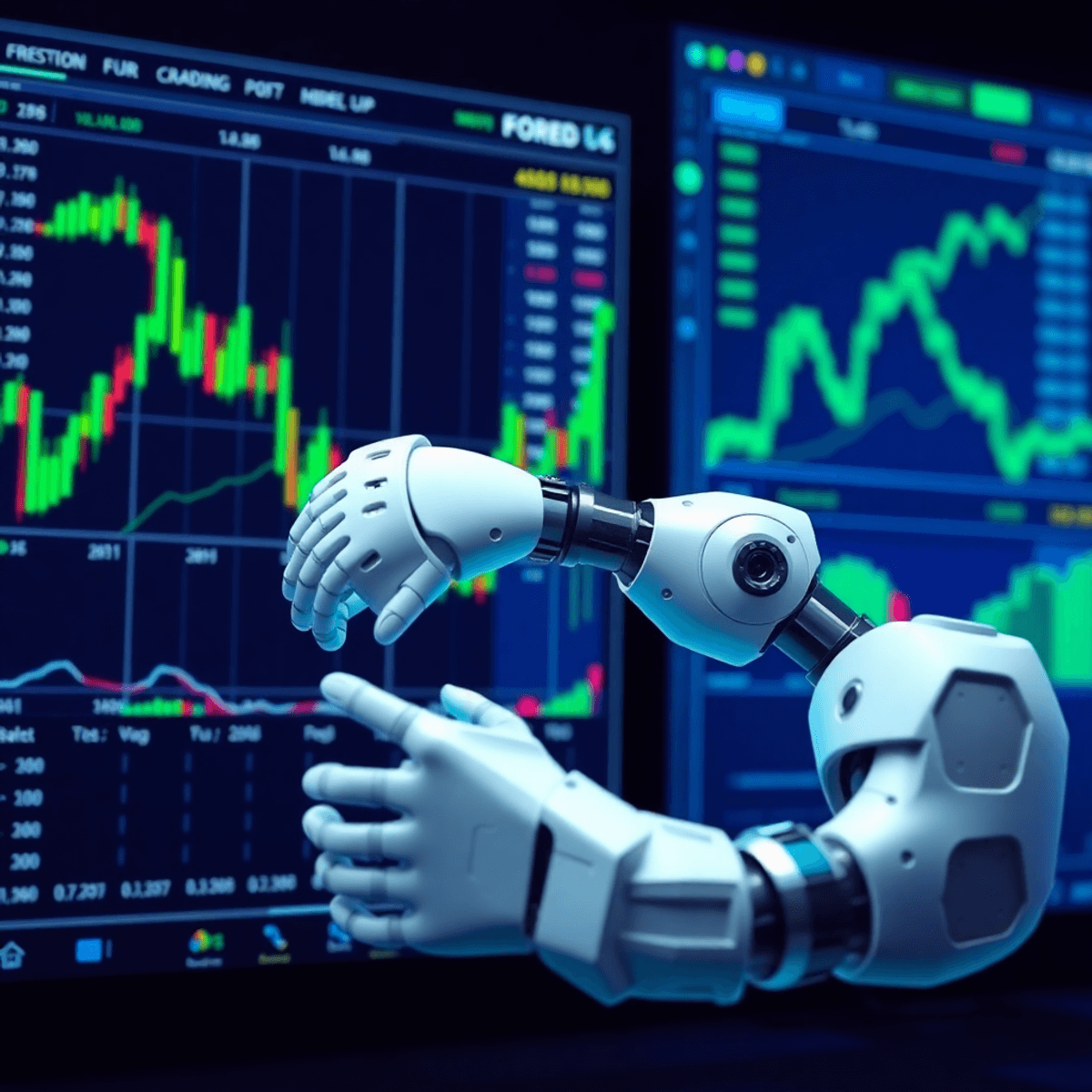 Futuristic digital forex trading interface with charts and a robotic arm executing trades in vibrant blue and green tones.
