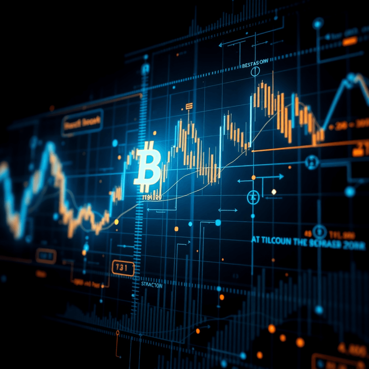 Futuristic digital interface showing glowing cryptocurrency charts and AI algorithms on a dark background, highlighting Bitcoin and other crypto sy...