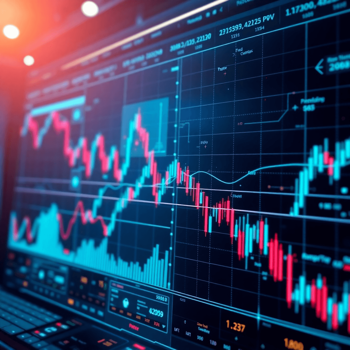 Futuristic digital trading interface with glowing graphs, auto trading signals, and algorithmic data streams for forex, stocks, crypto, and futures...