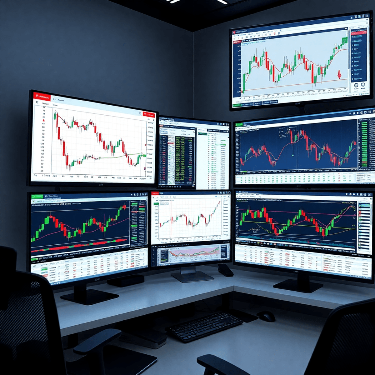 Modern digital trading workspace with multiple forex charts and graphs on screens, highlighting market data analysis and strategy testing.
