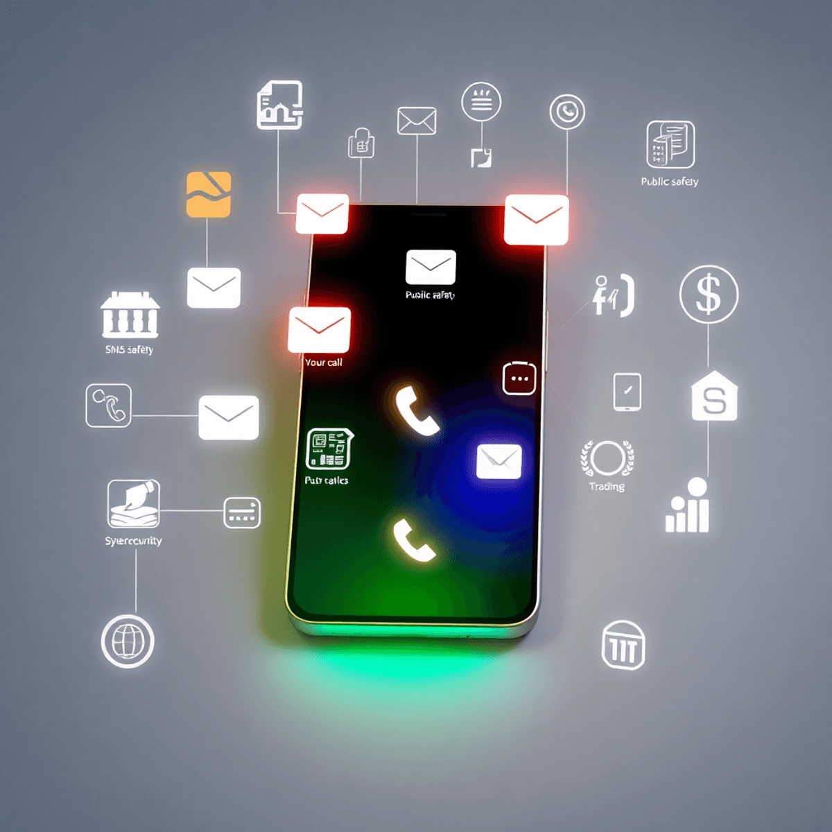 Smartphone screen with glowing alert icons for SMS, email, calls, and apps, surrounded by symbols of safety, cybersecurity, finance, and trading on...