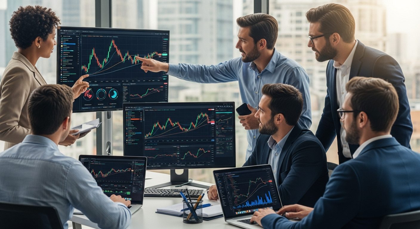 ai trading strategies, financial analysts, modern office